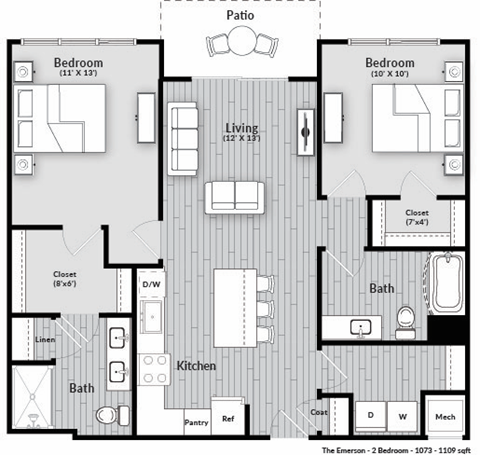 Floor plan for 2 beds, 2 baths, 1081 sqft
